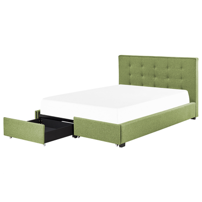Polsterbett Grün Leinenoptik 180 x 200 cm mit Bettkasten Stauraum Modern Elegant Glamourös Gepolstertes Bett für Schlafz