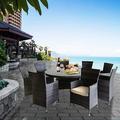 Furniture One 9PCS Wicker Patio Dining Set Rust Free Aluminium Frame Full Assemble Outdoor Furniture Set 8 Seats Round Glass Table Top with Umbrella Hole Mix Brown