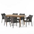 GDF Studio Jay Outdoor Acacia Wood and Wicker 7 Piece Dining Set Teak and Multibrown