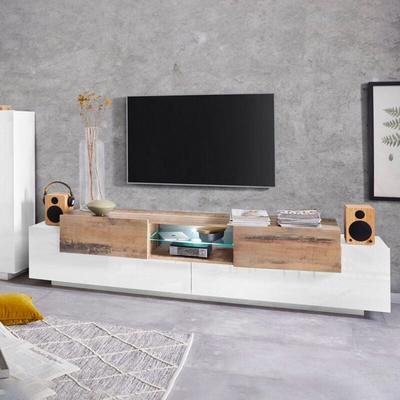 Ahd Amazing Home Design - TV-Schrank 220cm offenes Fach 3 Türen weiß und Holz New Coro Low l