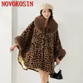 Manteau long en fausse laine pour femme cape en fourrure de lapin imprimé léopard chaud manches