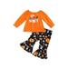 Diconna Toddler Baby Girls Halloween Pants Set Long Sleeve Off-Shoulder Ghost Print Tops+ Pumpkin Flare Pants Outfit Orange 3 Ghosts 6-12 Months