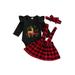 xingqing 0-18M Christmas Newborn Baby Girl Skirt Set Long Sleeve Elk Letters Print Romper Plaid Suspender Skirts Headband Xmas Outfits Black 12-18 Months