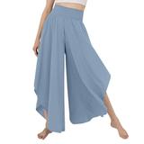 Wide Leg Pleated Pants Plain Color Casual Fitted Asymmetrical Hem Long Pleated Pants for Women Lady Light Blue XL