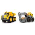 Dickie Toys - Volvo Muldenkipper – 23 cm großes Baufahrzeug mit Kippfunktion, Sound, Licht, Freilauf, Baustellenfahrzeuge ab 3 Jahre & Volvo Schaufelbagger, Bagger, Baustellenfahrzeug, 26cm, gelb/grau