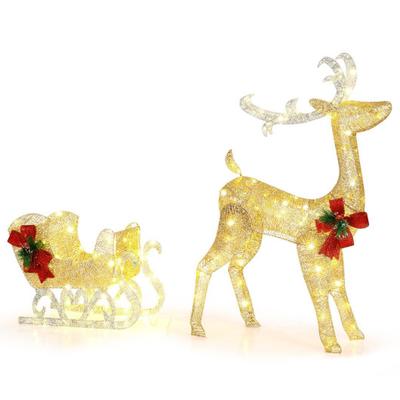 Costway Christmas Reindeer Sleigh Decoration with 100 Lights-Golden