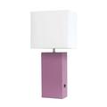 Modern Leather Table Lamp with USB & White Fabric Shade Purple