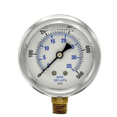 PIC GAUGES PRO-201L-254J Pressure Gauge, 0 to 500 psi, 1/4 in MNPT, Stainless