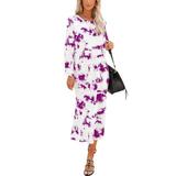 Womens Evening Elegant Tie Dye Floral Long Sleeve Loose Cocktail Party Long Maxi Dress