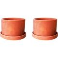 Natural Terra Cotta Round Fat Walled Garden Planters with Individual Trays Set of 2 Large Size