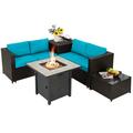 Topbuy 5-Piece Patio Furniture Set with 30 Inches Gas Fire Pit Table Outdoor PE Wicker Conversation Sectional Sofa Set with Cushions Turquoise