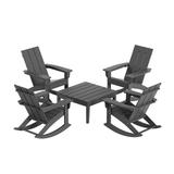 WestinTrends Ashore 5 Piece Patio Rocking Chair Set All Weather Poly Lumber Adirondack Rocker Conversation Set Porch Patio Chairs Set of 4 with Low Coffee Table Gray