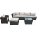 7 Pieces Patio Furniture Set Aluminum Frame Full Assembled Outdoor Sectional Rattan Sofa Set All Weather Mix Brown Wicker Conversation Set with Beige Cushions and Throw Pillows