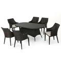 Noble House Hillhurst 7 Piece Outdoor Wicker Dining Set in Multibrown