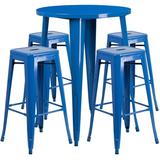 Flash Furniture Coby Commercial Grade 30 Round Blue Metal Indoor-Outdoor Bar Table Set with 4 Square Seat Backless Stools