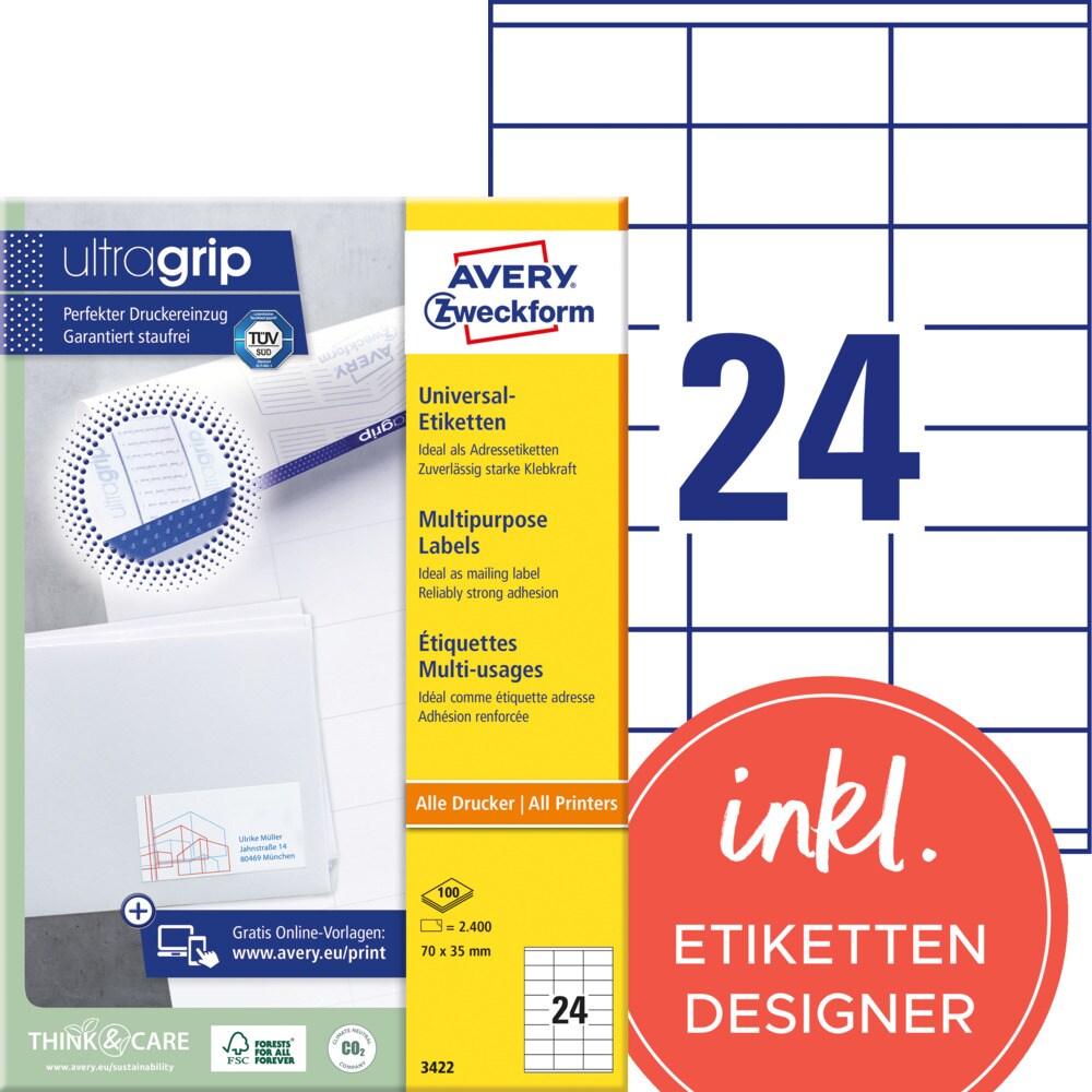 Avery Zweckform 3422 Universal-Etiketten, A4 mit ultragrip, Adressaufkleber, 70 x 35 mm, 100 Bogen/2.400 Etiketten, weiß Image