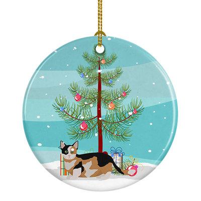 The Holiday Aisle® Munchkin Cat Hanging Figurine Ornament Ceramic/Porcelain in Blue/Brown/Green, Size 2.8 H x 2.8 W x 0.15 D in | Wayfair