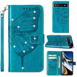 UUCOVERS Compatible with Google Pixel 7 Pro Case Bling Diamond Butterfly Embossed Wallet Case for Women Girls Card Slots with Magnetic Stand Cover for Google Pixel 7 Pro 6.7 2022 Blue