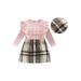 Bagilaanoe 3Pcs Toddler Baby Girls Skirt Set Pink Long Sleeve Ruffle Tops + Plaid A-line Skirt + Hat 9M 12M 18M 24M 3T 4T Kids Casual Fall Outfits