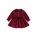 Gwiyeopda Little Baby Girl Dress Long Sleeve Ruffled Neck Solid Color Buttons High Waist Dress+ Waist Belt