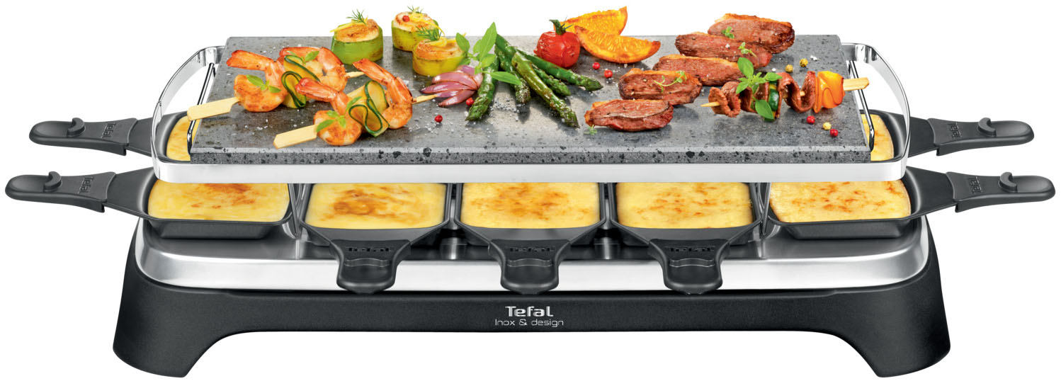 TEFAL Raclette "Pierrade, Naturstein, spülmaschinengeeignete Pfännchen", grau (grau, edelstahlfarben), B:52cm H:13,7cm T:27,5cm, Raclettes, Abnehmbares Kabel, inkl. Schaber, PR457B, Topseller