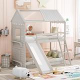 Twin Over Twin Bunk Bed Wood Bed with Roof, Window, Slide, Ladder