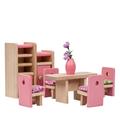 HAOAN Wooden Wonders Eat-in Dining Room Set Pink Dollhouse Furniture for Doll Family with 7 Pcs Family Wooden Dolls for Pretend Play Perfect for Play Houses