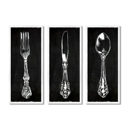 Stupell Industries Vintage Silverware Cutlery Kitchen Utensils Fork Spoon Graphic Art White Framed Art Print Wall Art Set of 3 Design by Carol Robinson