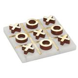 DecMode 6 x 1 White Marble Tic Tac Toe Game Set with Gold Inlay and Wood Pieces 1-Piece