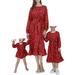 Mommy and Me Matching Family Matching Dresses Crew Neck Long Sleeve High Waist Dots Print Ruffle Long Dress with Belt for Mom Kids