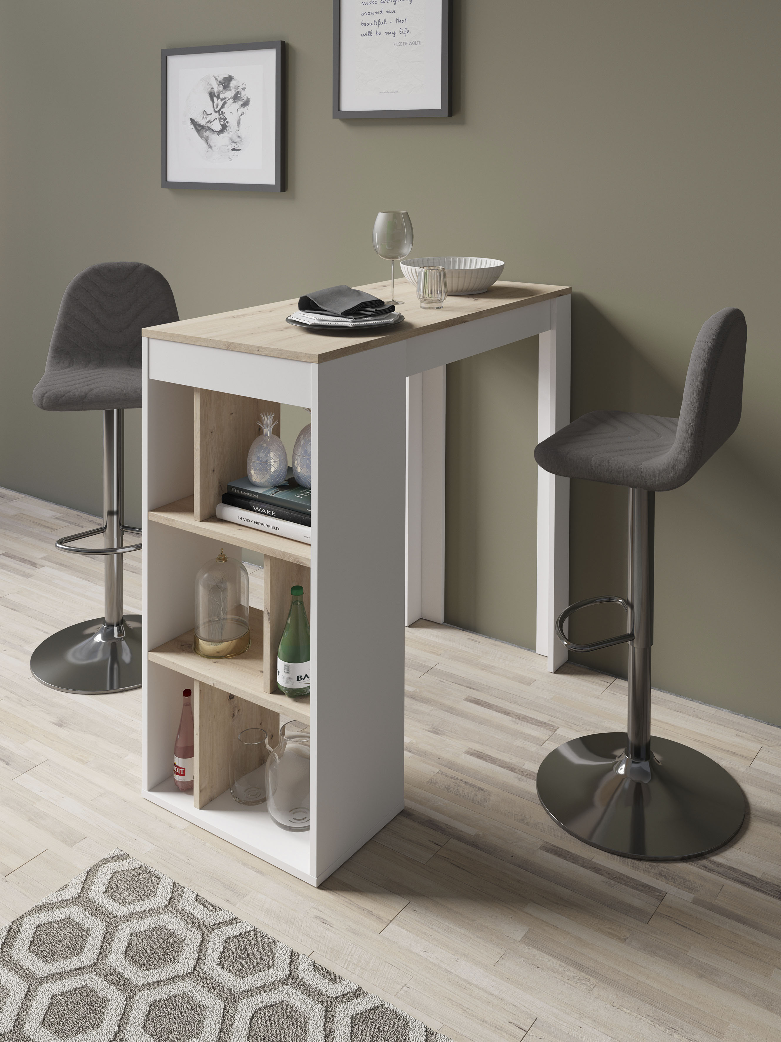 Bargruppe BYLIVING "Essgruppe Casino 01, Moby", grau (anthrazit, artisan eiche, chromfarben), B:110cm H:102cm T:52,5cm, FSC-zertifizierter Holzwerkstoff, Metall, Stoff, Sitzmöbel-Sets, Barmöbel Bartisch, Barhocker höhenverstellbar Image