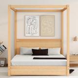 Queen Size Panel Headboard Platform Bed Straight Lines Wood Canopy Bed for Small Bedroom City Aprtment Dorm