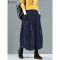 ZANZEA-Jupe longue vintage en velours côtelé pour femme taille élastique couleur unie style