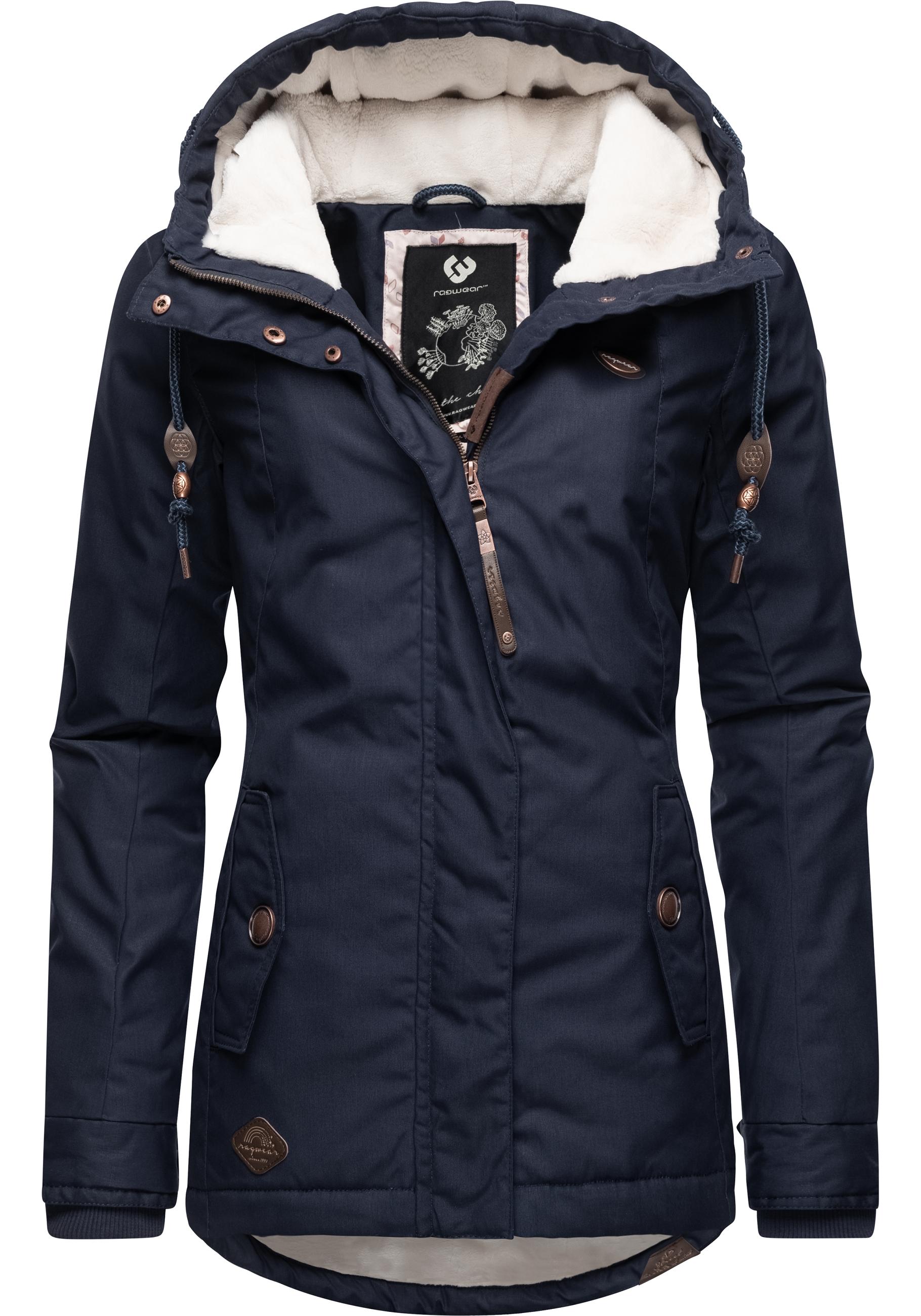 Winterjacke RAGWEAR "Monade", Damen, Gr. XXXL(46), blau (marine), Obermaterial: 65% Polyester, 35% Baumwolle, Futter 100% Polyester, Wattierung 100% Polyester, figurbetont Po-bedeckend, verstellbar Rippstrickbündchen mit Druckknopf, Jacken...