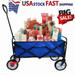 Clearance! Outdoor Utility Wagon Cart with Cup Holdler Large Capacity Folding Wagon Garden Shopping Beach Cart Heavy Duty Foldable Cart for Outdoor Activities Beaches Parks Camping (Blue)