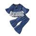 2DXuixsh New Born Baby Girl Outfit Toddler Kids Children Baby Girls Long Ruffled Sleeve Nylon Lace Tops Blouse Solid Bell Bottomed Pants Outfits Set 2Pcs Clothes Baby Girl Set Long Sleeve Blue 100