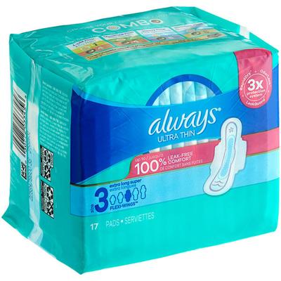 Always Ultra Thin 17-Count Unscented Menstrual Pad with Wings - Size 3 Extra Long Super - 6/Case