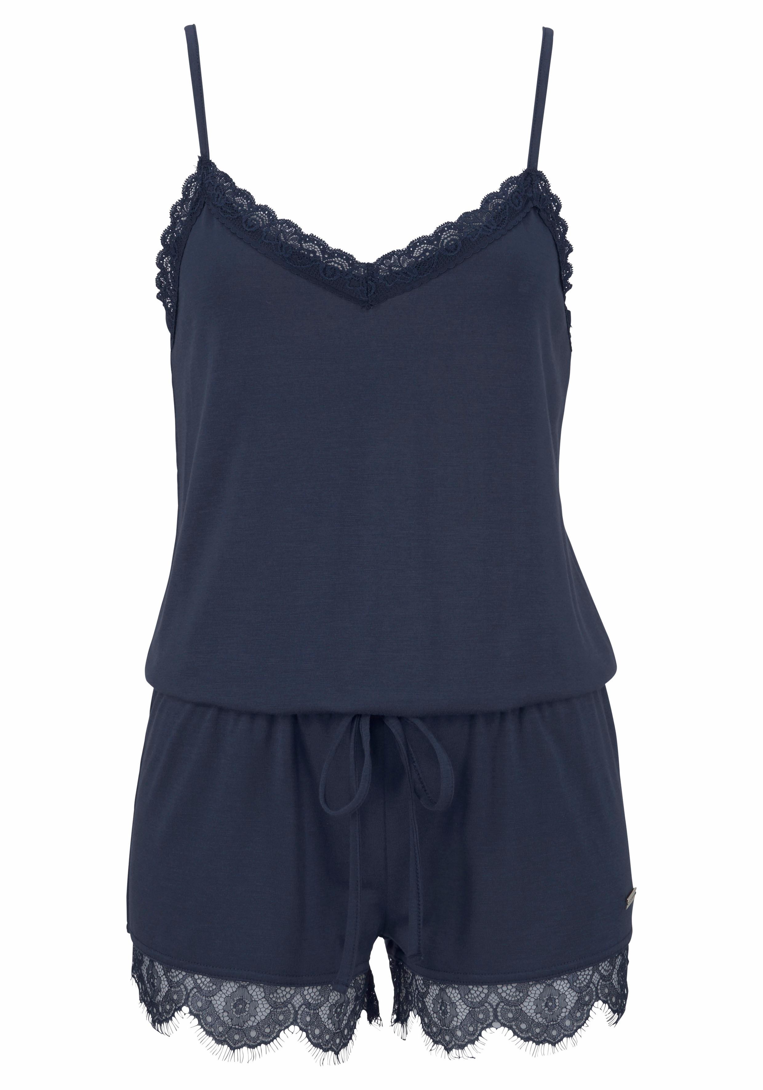 Playsuit LASCANA, Damen, Gr. 46, blau, Single Jersey, Obermaterial: 66% Polyester, 29% Viskose, 5% Elasthan, Elegant, figurumspielend kurz, V-Ausschnitt, Overalls, mit Spitzensaum Image