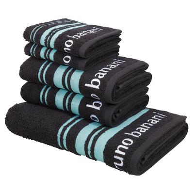 Handtuch Set BRUNO BANANI "Daniel, 1 Duschtuch 70x140, 2 Handtücher 50x100, 2 Gästetücher 30x50", grau (anthrazit), 5 tlg., Walkfrottee, Walkfrottee, Obermaterial: 100% Baumwolle, Handtuch-Sets, Streifen-Bordüre & Markenlogo, 100% Baumwolle Image
