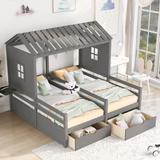 Twin Size House Platform Beds with 2 Drawers for Boy and Girl Shared Beds, Combination of 2 Side by Side Twin Size Beds