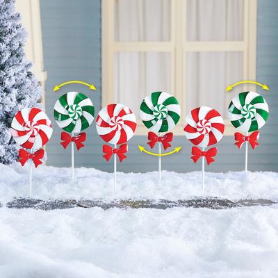 Red Bow Peppermint Wind Spinner Garden Stakes - Set of 6 - Green - 16.750 x 8.750 x 3.630