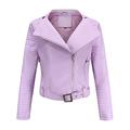 Dantazz Women's Casual Jacket Solid Faux Leather Pocket Baseball Motorcycle Loose Zipper Soft Jacket Short Coat Woman's Suit Jacket (Purple-2, L)