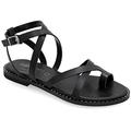 36 Schwarz Emmanuela Bequeme flache Ledersandalen, hochwertige elegante Sandalen mit Knöchelriemen im griechischen Stil, Gladiator Toe Ring Sandalen, Boho Chic Cross Straps sandalen