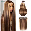 Allove – mèches Remy lisses avec Frontal en dentelle 13x4 mèches avec Closure couleur blond miel