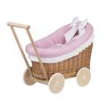 e-wicker24 Natural Wicker Dolls Pram Vintage Dolls Pushchairs on Wooden Wheels Pram for Dolls Handmade Toy Buggy Baby Doll Stroller Retro Style Doll Pram with Pink Bedding