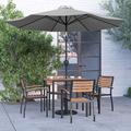 Merrick Lane Seven Piece Faux Teak Patio Dining Set Includes 35 Square Table Four Club Chairs 9 Gray Patio Umbrella and Base