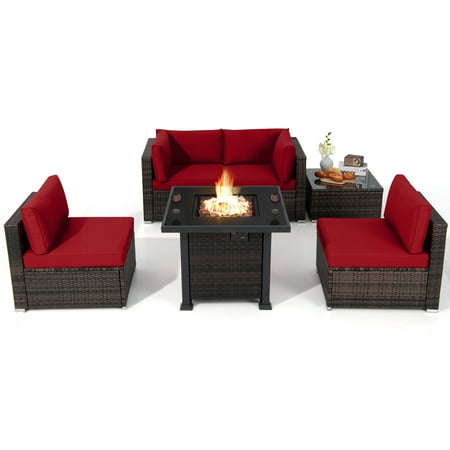 Topbuy 6 Piece Patio Wicker Conversation Set Outdoor Rattan Sofa Set w/ 32 Propane Fire Pit Table 50 000 BTU Heat Tempered Glass Tabletop Red