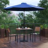 BizChair 5 Piece All-Weather Deck or Patio Set with 2 Stacking Faux Teak Chairs 35 Square Faux Teak Table Navy Umbrella & Base