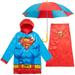 DC Comics Justice League Superman Waterproof Rain Jacket Cape and Umbrella 3 Piece Outfit Set Toddler to Big Kid