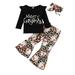 ZCFZJW Christmas Toddler Baby Girls 3 Piece Outfits Ruffled Long Sleeve Sweatshirt Top Leopard Bell Bottoms Pants Set Baby Clothes with Bow Headband Set Holiday Clothes(Black 3-4 Years)